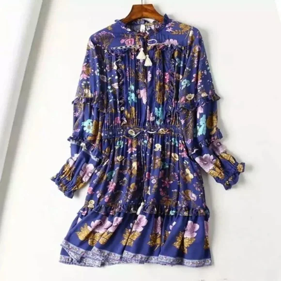 Floral Ruffle Long Sleeve Fall Boho Mini Dress - Picture 2 of 6